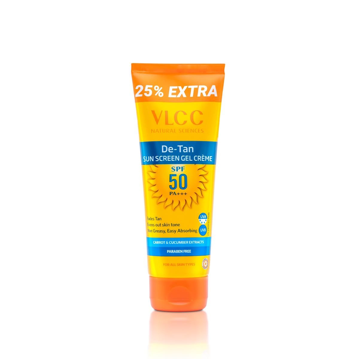 VLCC De-Tan SPF 50 PA+++ Sunscreen Gel Crème - 100g + 25g | With Cucumber, Carrot, and Saxifraga Extracts | Enhances Glow, Protects from UVA, UVB Rays, and Help Reduce Dark Patches.